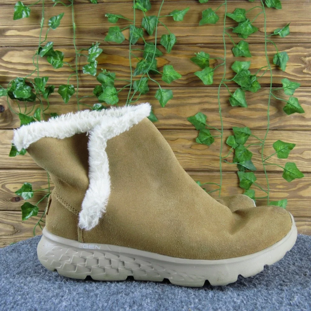 Skechers On The Go Dreamy Suede Ankle Boots Women's Faux Fur Trim Warm Tan 7.5 M